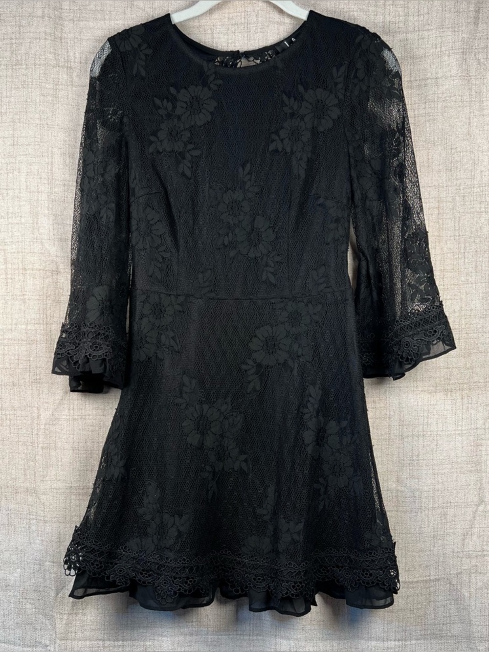 Lulus Dress Black Lace‎ Open Back Short Long Bell Sleeve See Thru Women's small